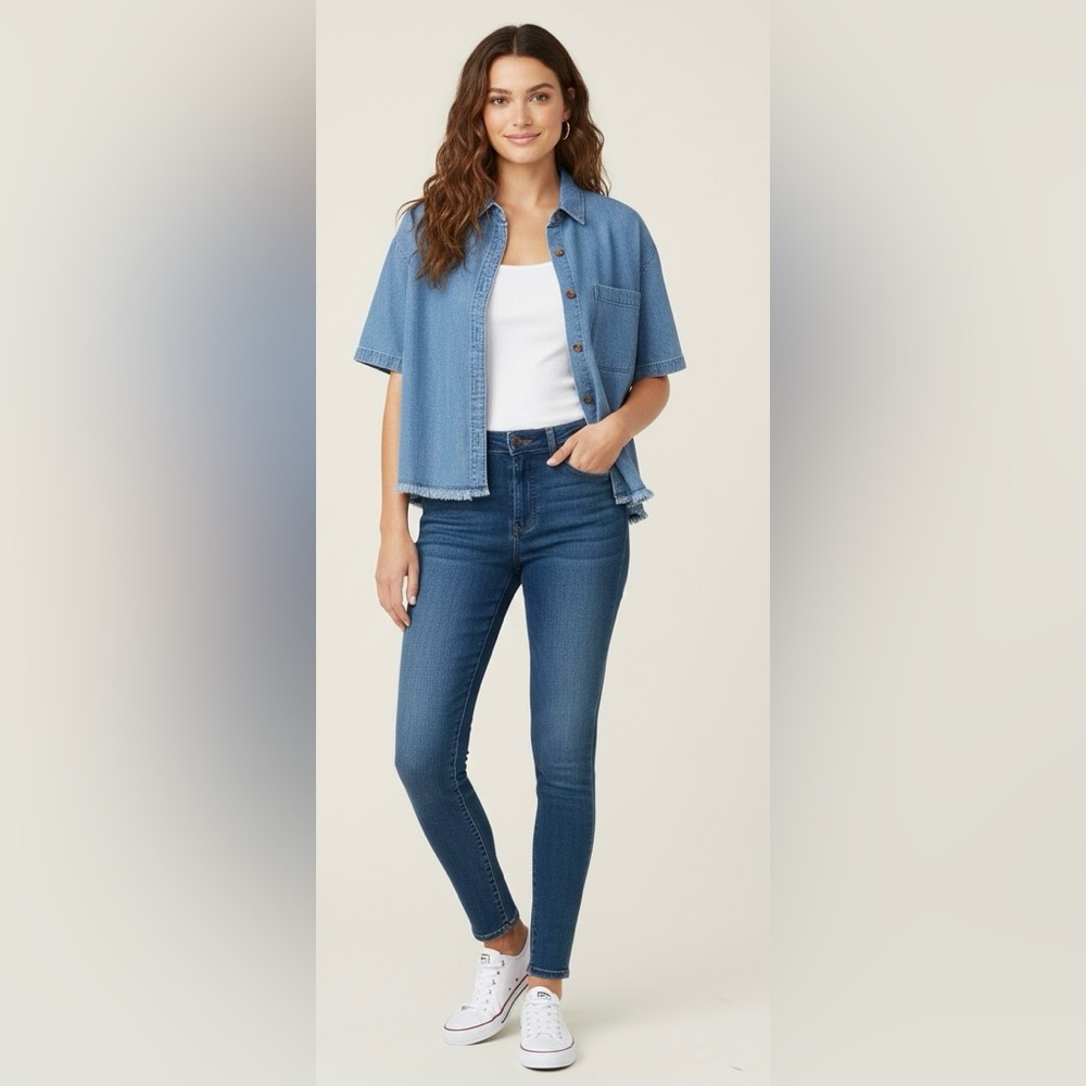 Universal Thread Cropped Denim Button Down Shirt,… - image 1